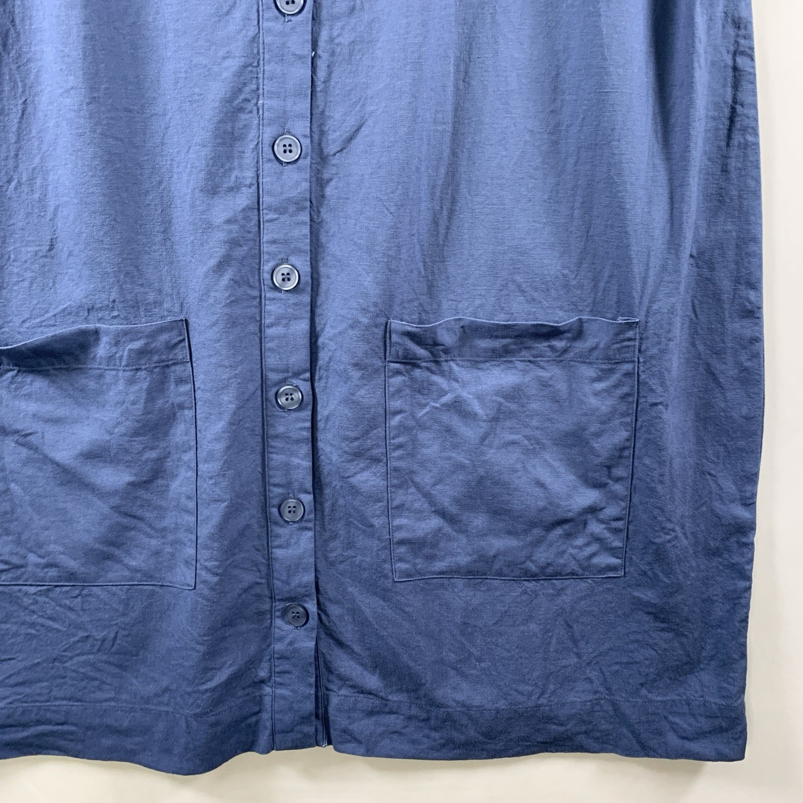 Womens Linen Blend Button Front Shift Dress XL Blue Coastal Minimalist Pockets
