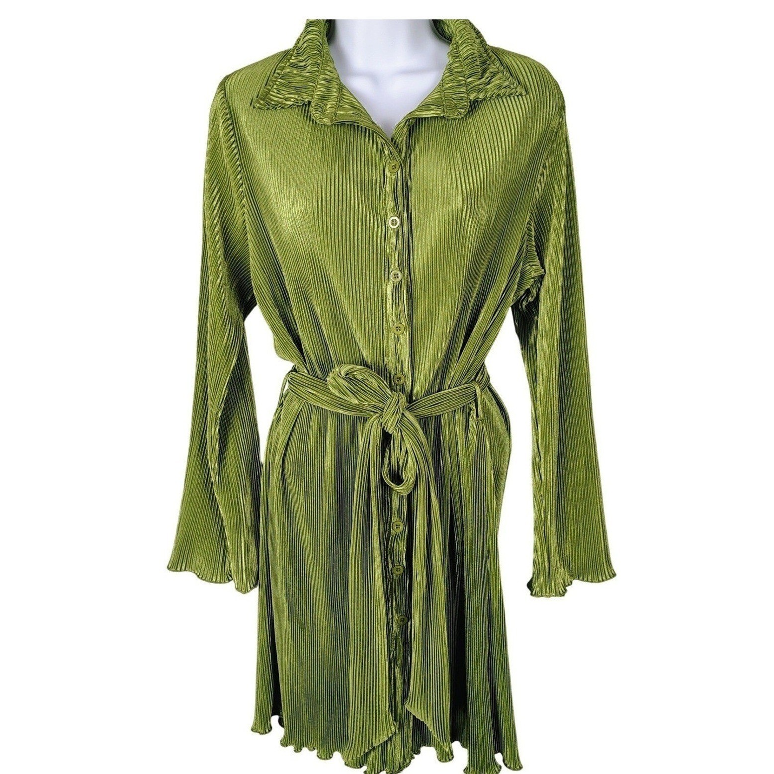 Womens S Lyaner Plisse Button Down Mini Dress Green Pleated Retro Y2K Party