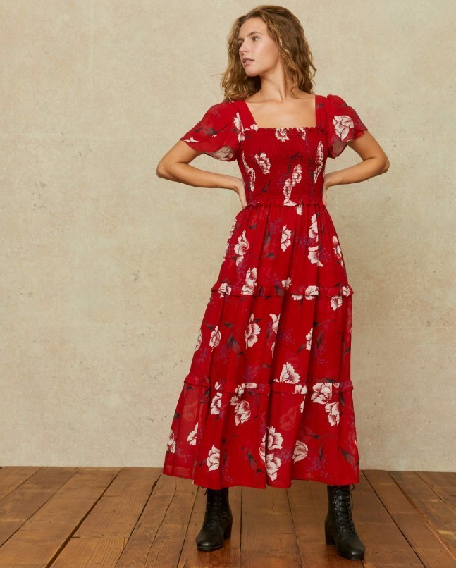 NWT Christy Dawn The Tamara Dress Size Medium Painted Ruby Red Floral Maxi