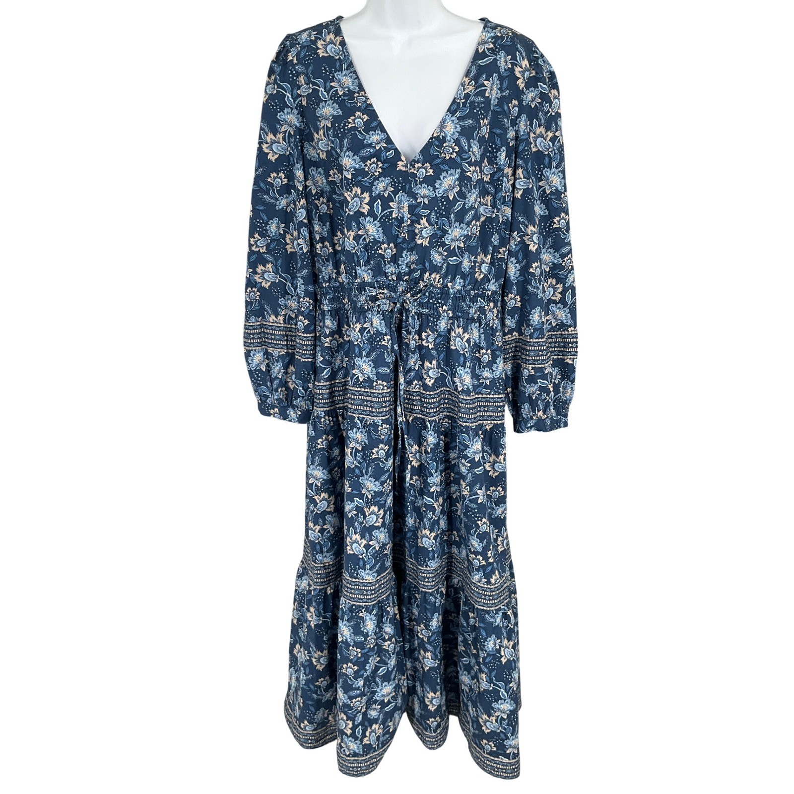 LOFT Dress Womens Large Blue Cotton Floral Tiered Midi Cottagecore Modest