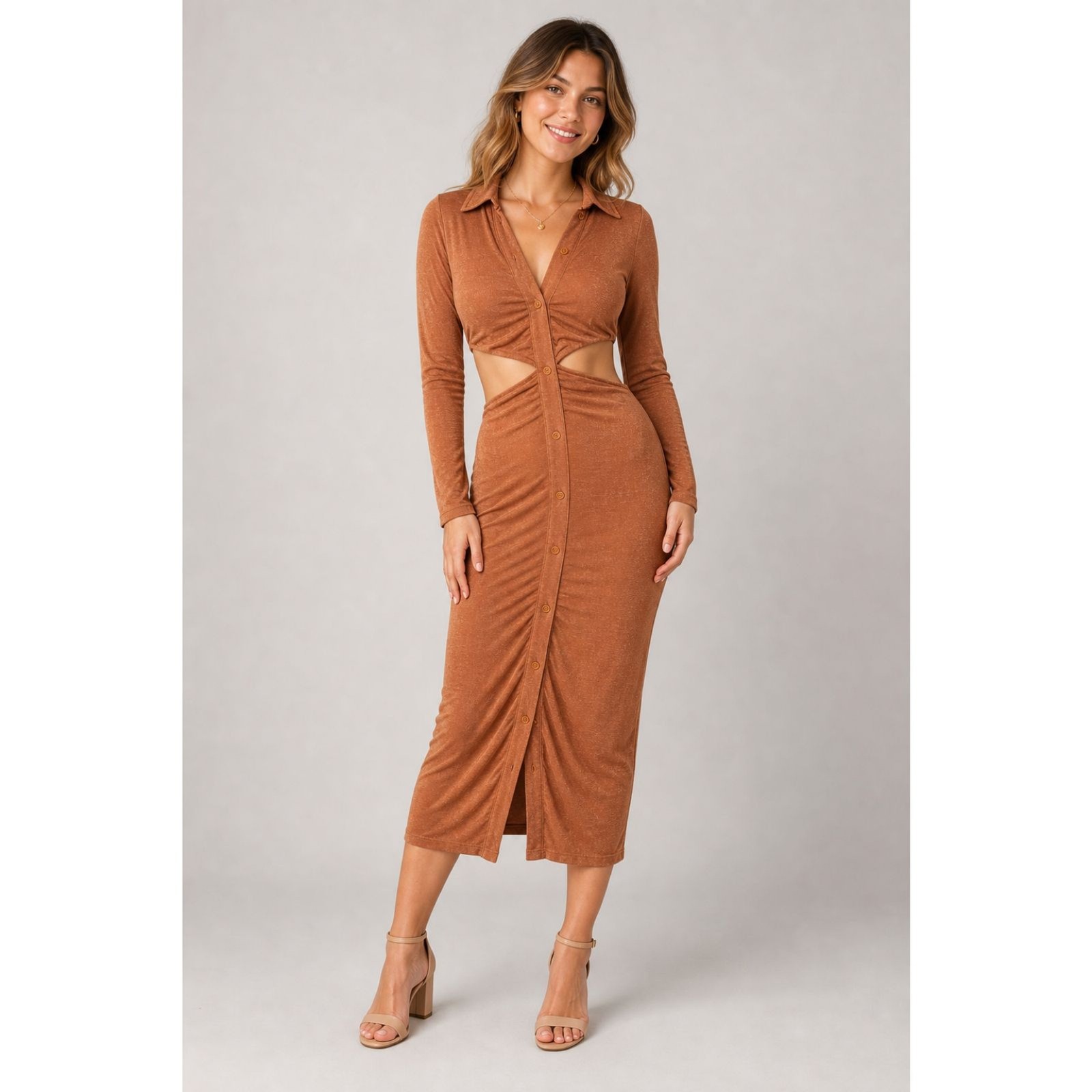 Mable Women’s Size M Rust Orange Cutout Waist Button Front Midi Bodycon Dress