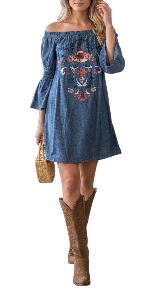 Flying Tomato Sz M Women’s Blue Floral Embroidered Off The Shoulder Boho Dress