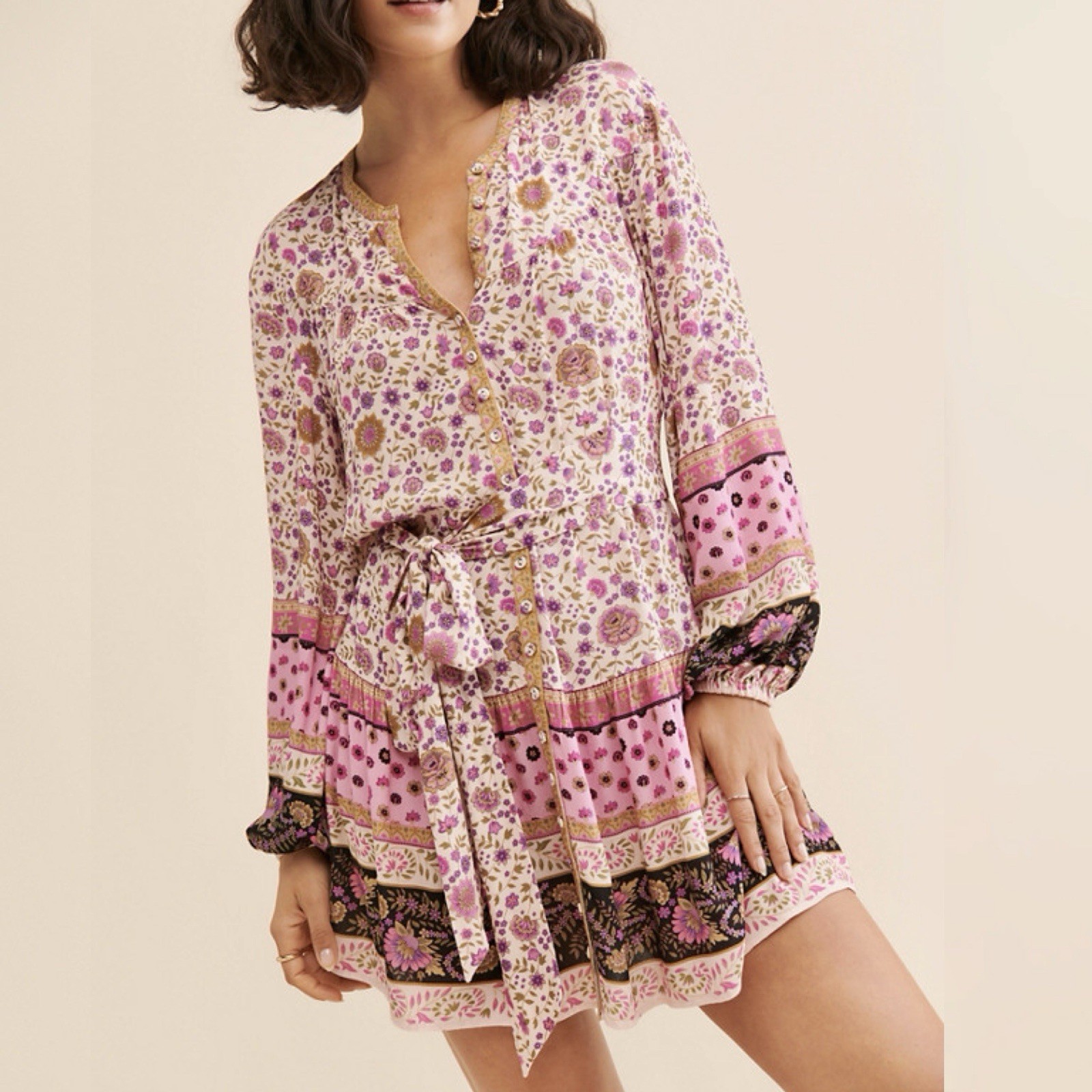 SPELL Small Lady Untamed Pink Floral Belted Long Sleeve Boho Mini Tunic Dress