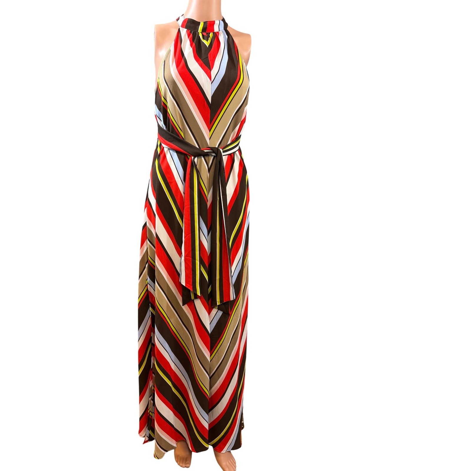 New York & Company Striped Halter Maxi Dress Red Brown Large Petite NWT retro