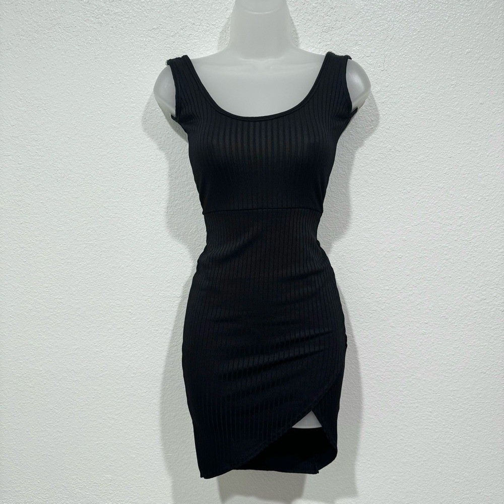 pretty little thing black ribbed wrapped sleeveless bodycon mini dress