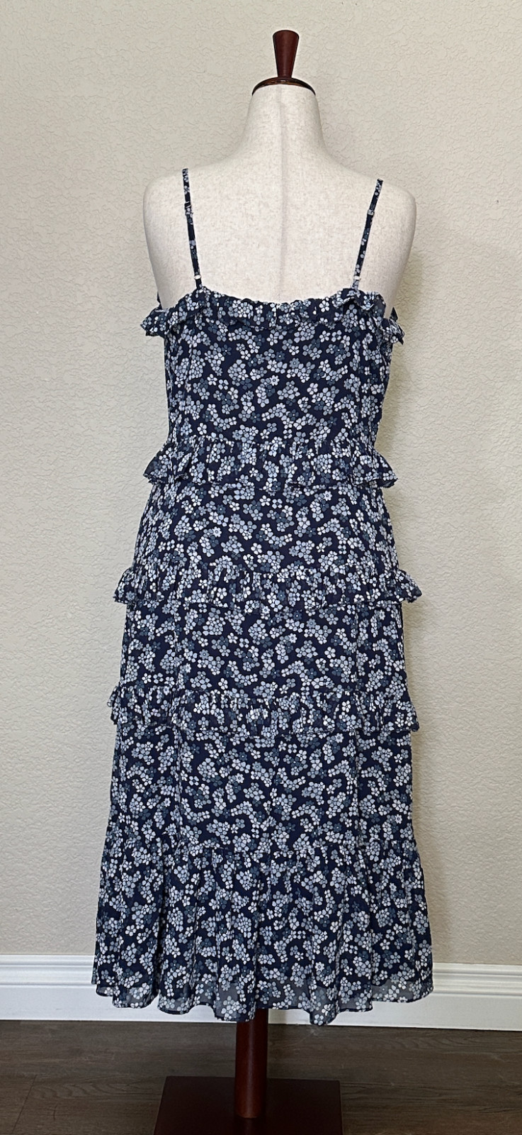Michael Kors Floral Tiered Midi Dress Size L NWT Navy Blue Ruffle Chiffon Lined