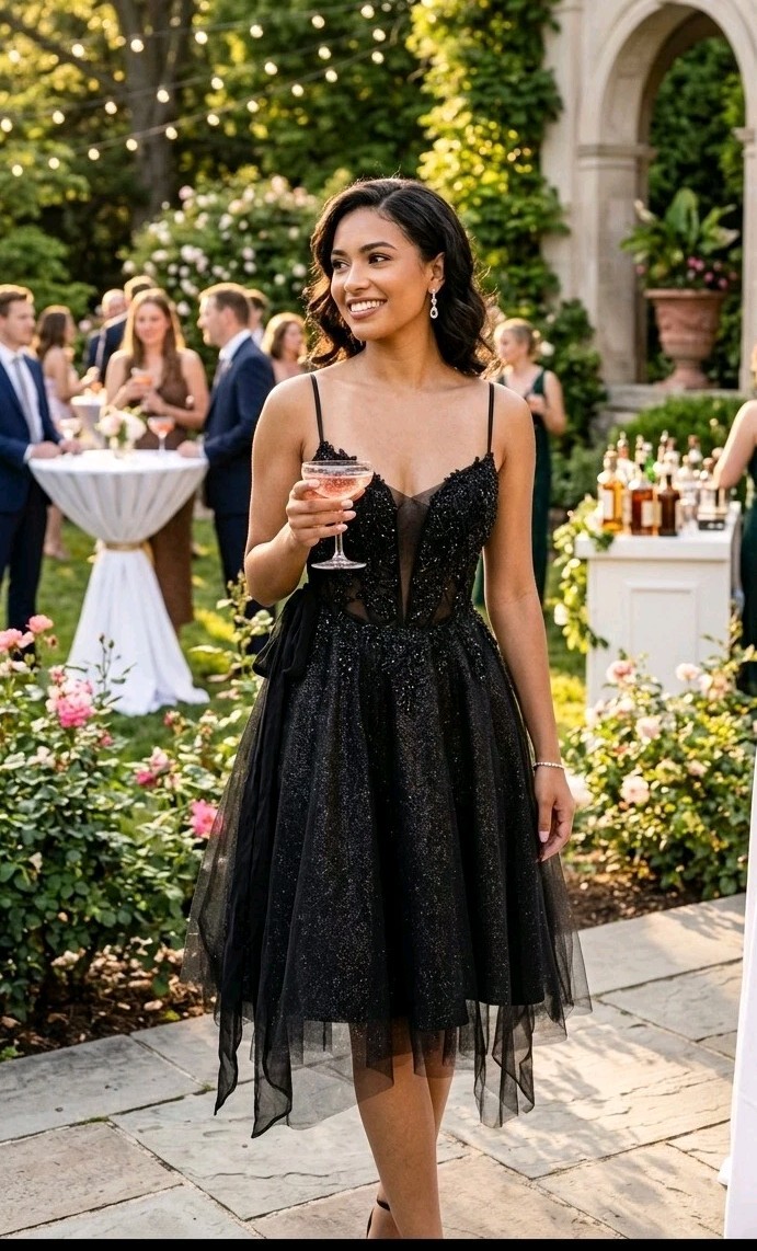 Strap Tulle Little Black Dress Party Prom Mini Cocktail Short Size 8/10 M