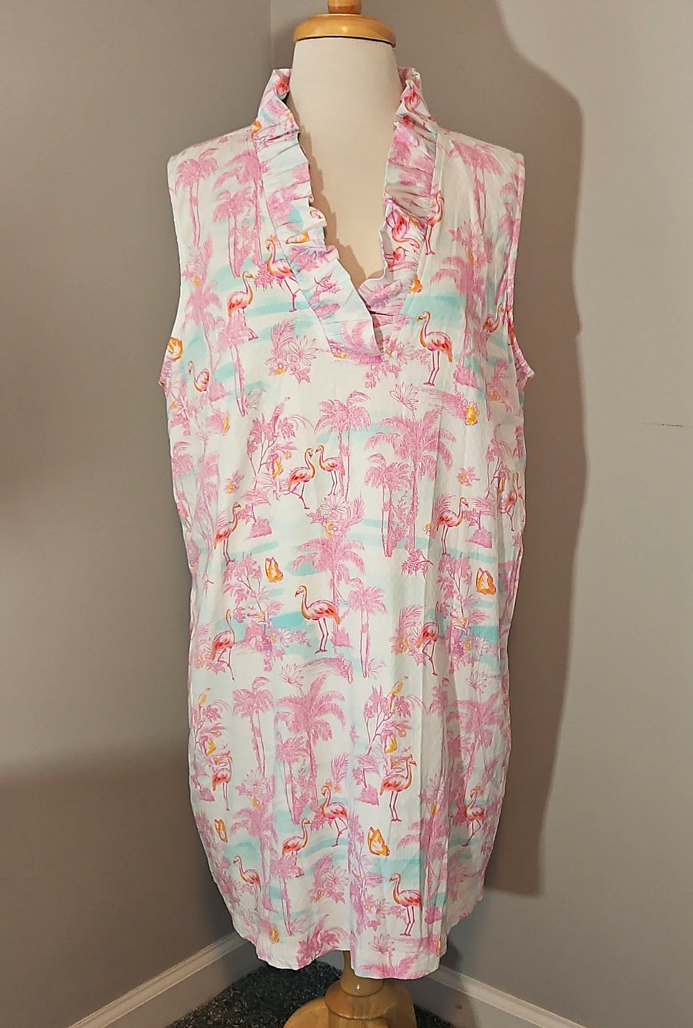 Crown & Ivy Flamingo Dress Ruffle Neckline Sleeveless Pink Palm Pockets 2XL