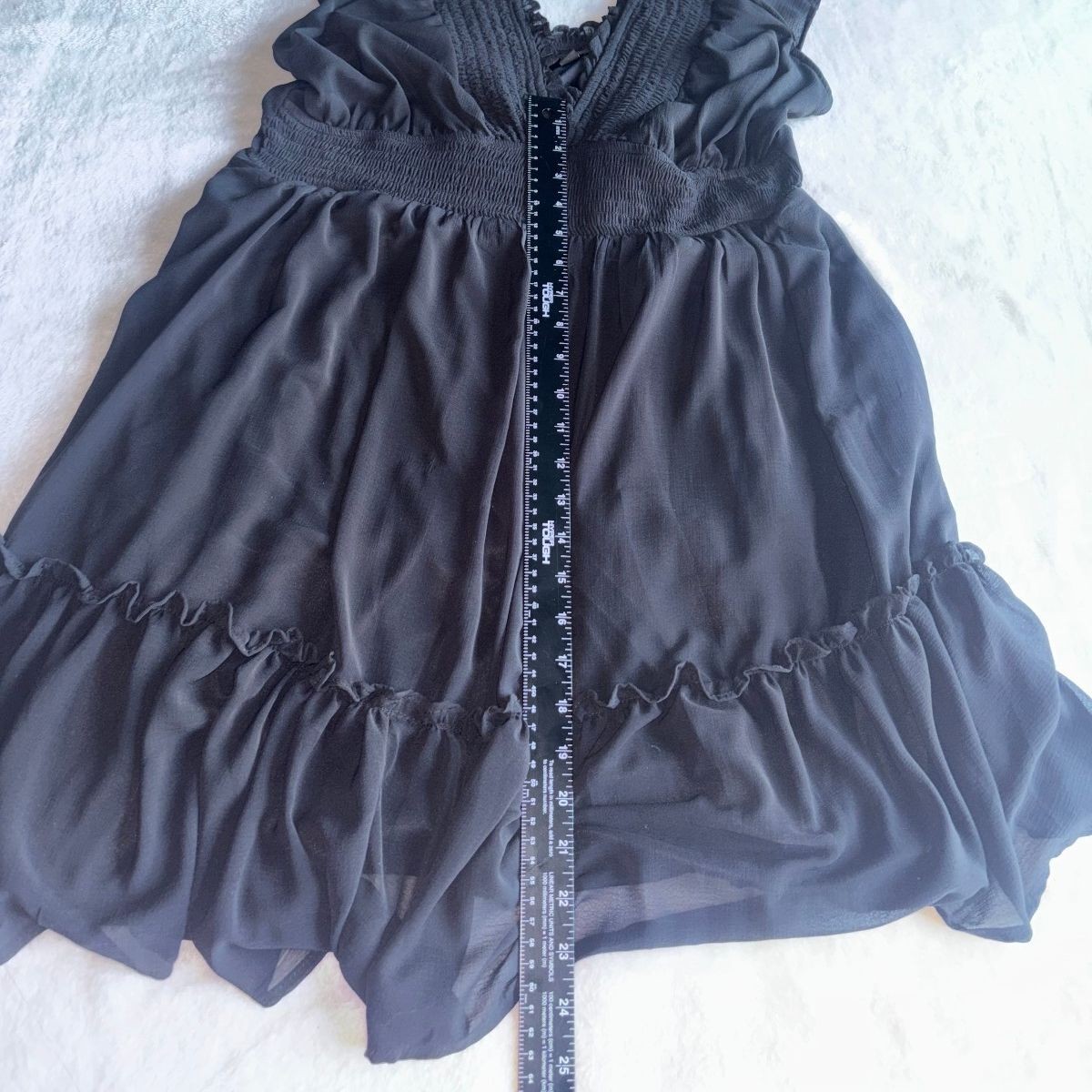 Torrid Size 0 Black Smocked Mini Dress Ruffle Shoulder Chiffon Flared L 12
