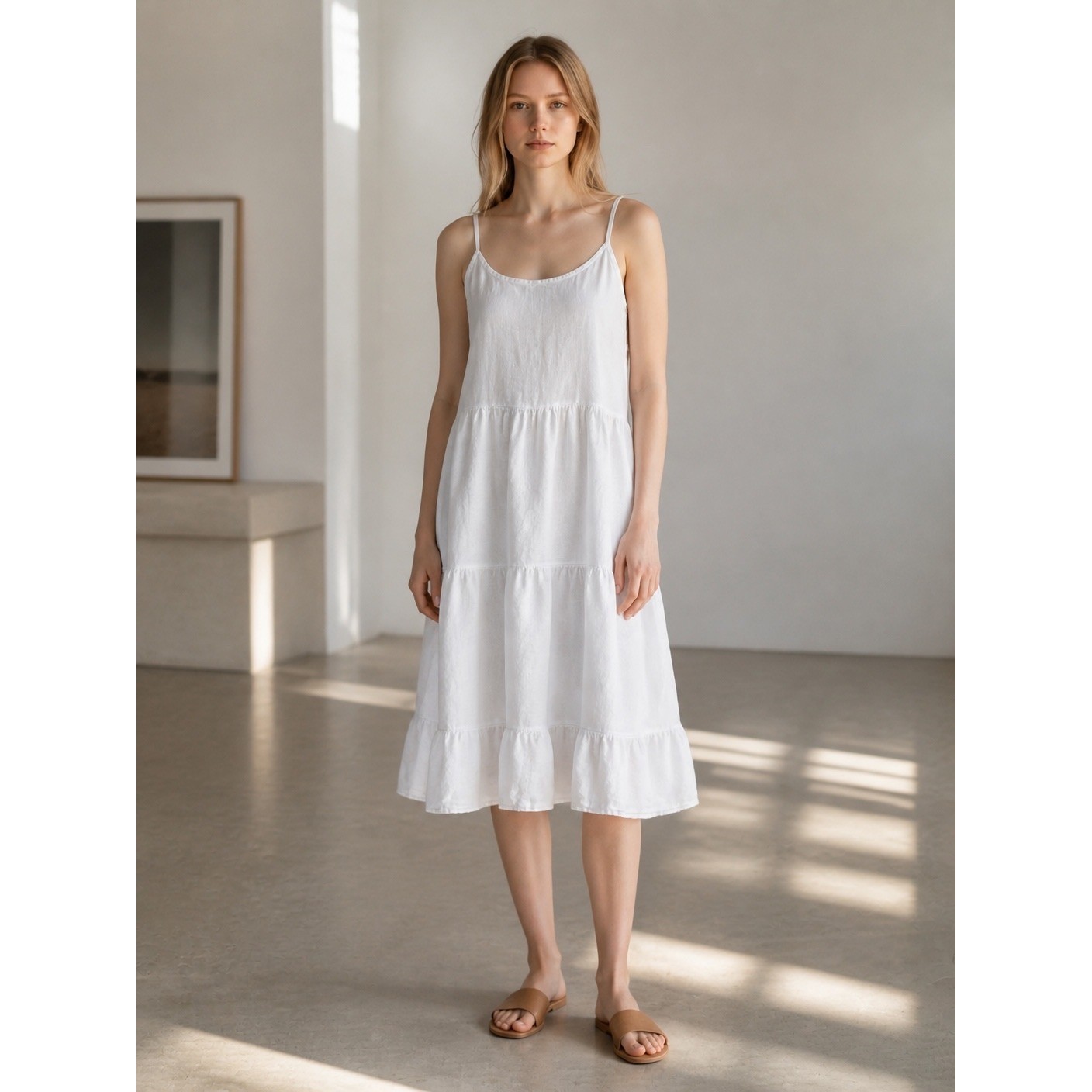 White Linen Tiered Valentina Naldi Dress L Bridal Beach Shower Vacation Coastal