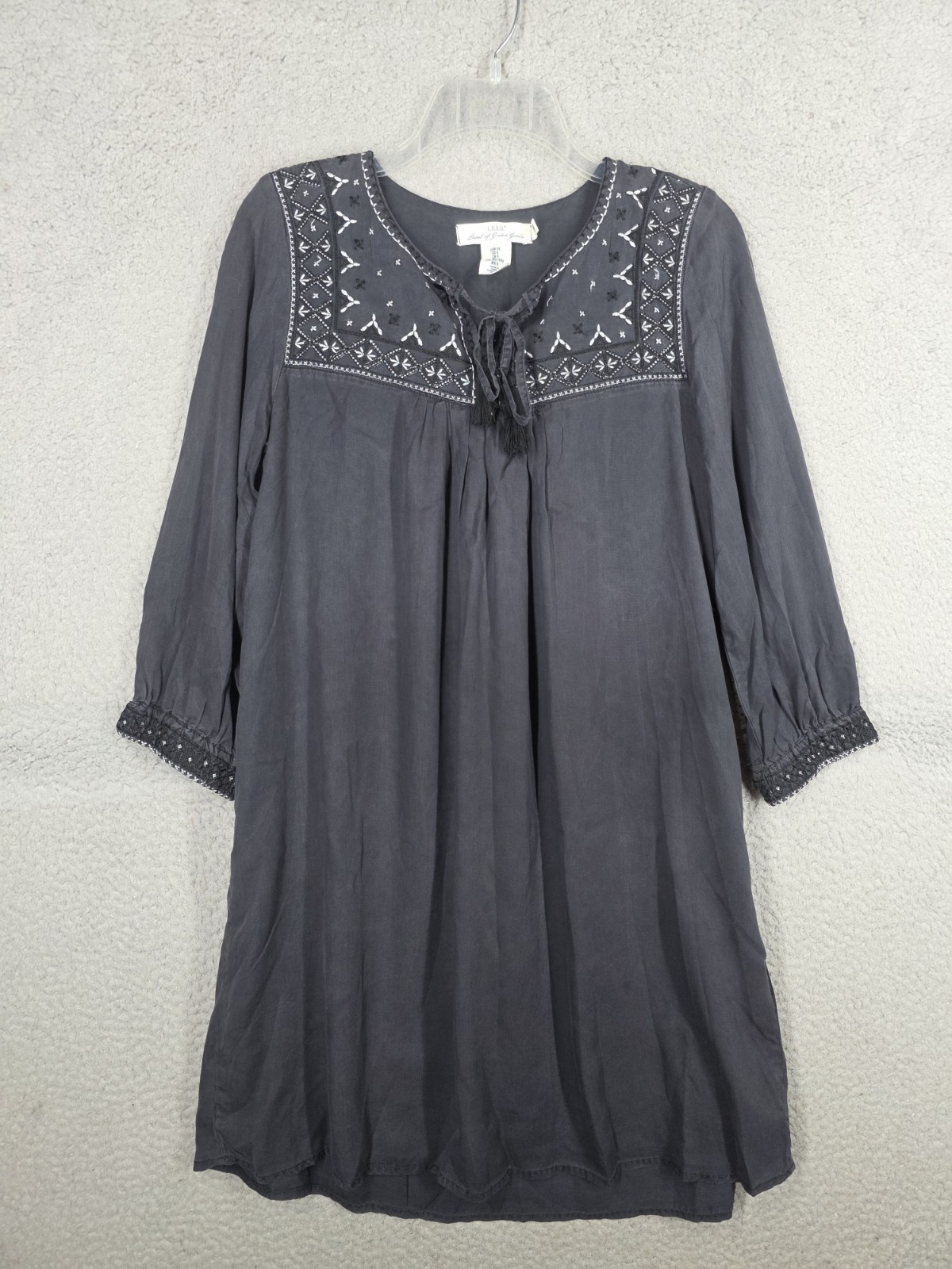H&M Grey Chambray Tunic Dress Size 6 Embroidered Tassled Peasant Shift Lyocell