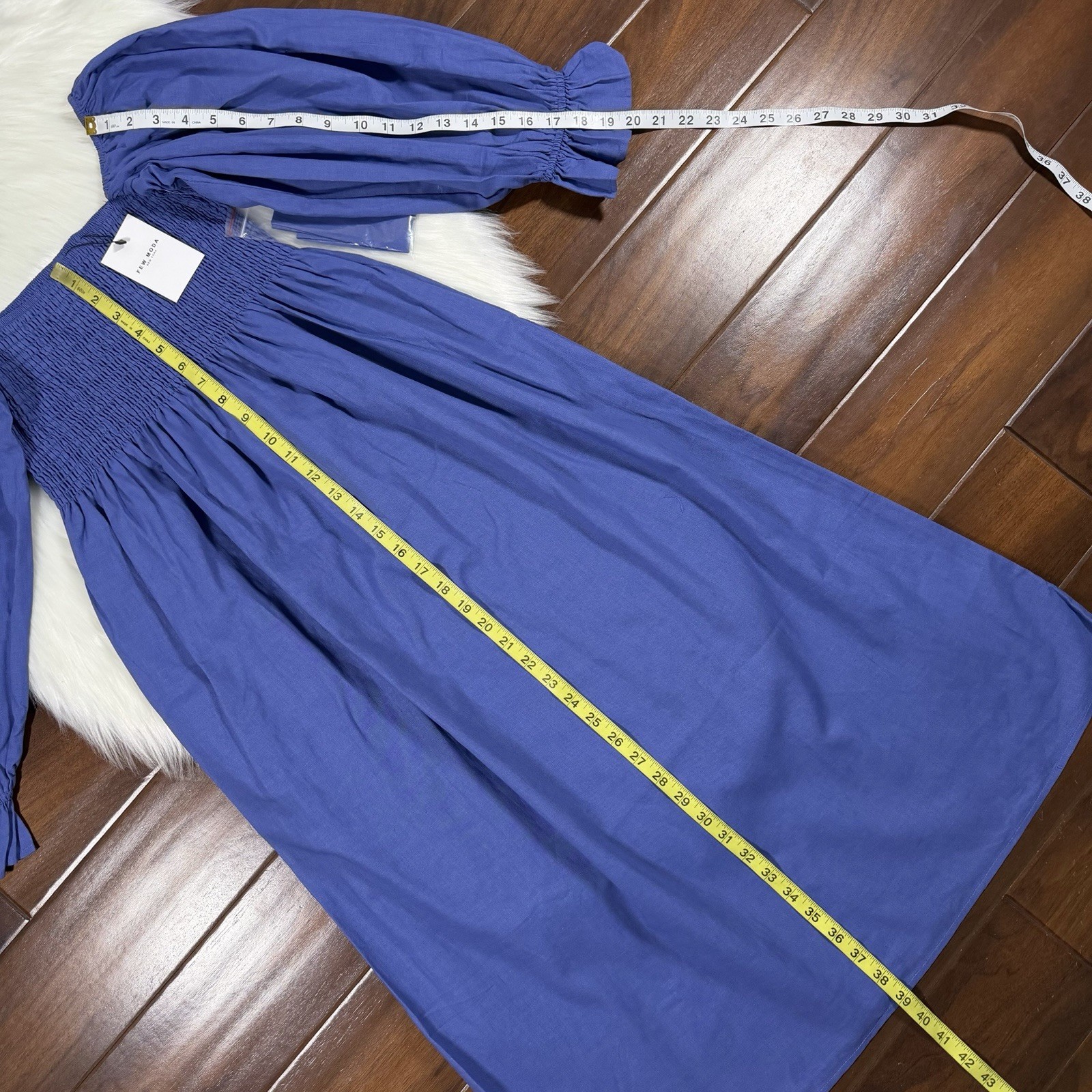Few Moda Women’s Size Medium Blue Cotton Linen Blend Smocked Midi Dress Tie Belt