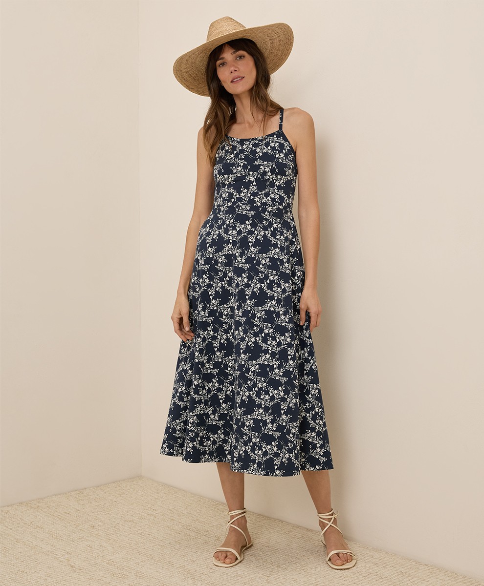 Pact Women’s Fit & Flare Midi Dress X-Small Regular Bouquet Blooms Midnight Blue