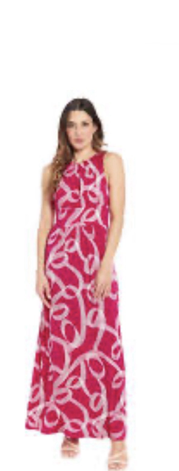 Size 16- Women’s London Times Pleat Neck Inset Waist Maxi Dress pink/white NWT