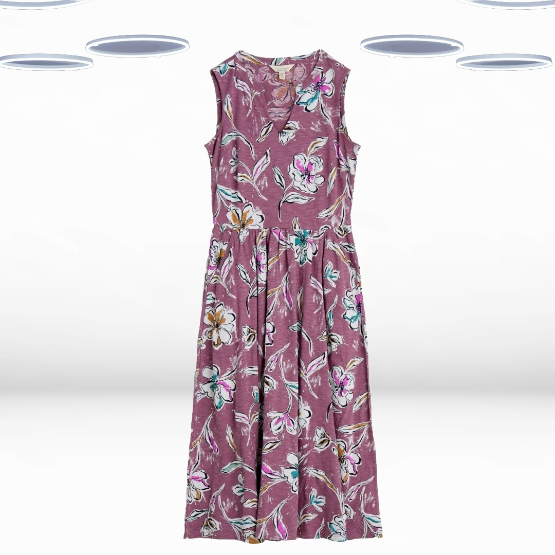 Ex Seasalt Women’s Sleeveless Jersey Midi Summer Dress in Purple Flower