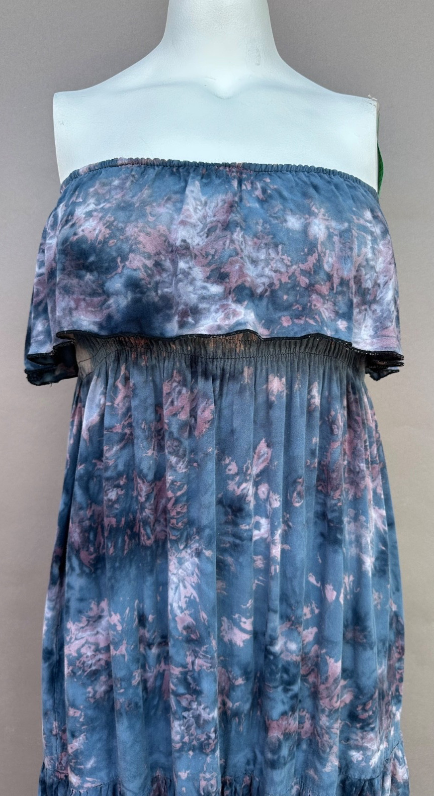 Blue Tie Dye Strapless Smocked Midi Dress M L Tiered Boho Ruffle Summer Beach
