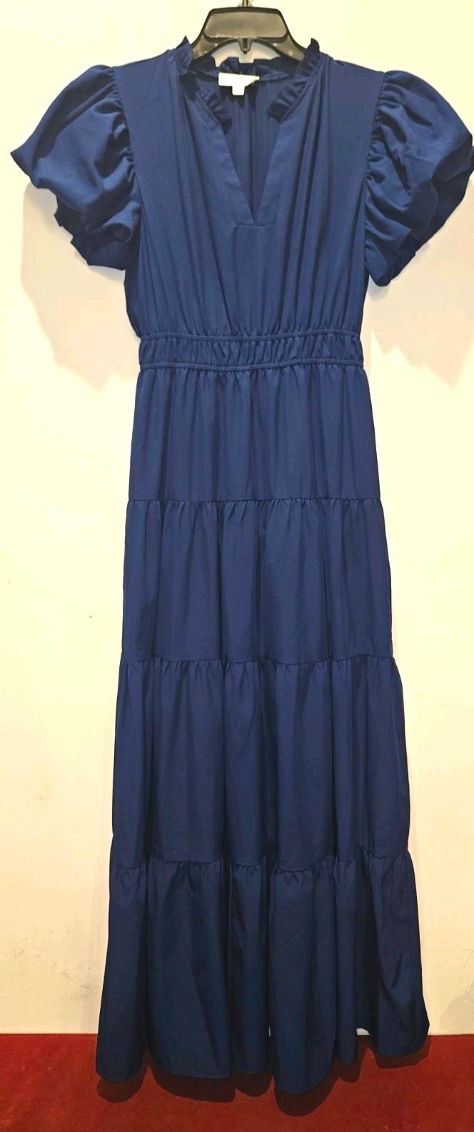 Entro Blue Solid V-Neck Puff Sleeve Tiered Maxi Dress M Elastic Waist Pullover