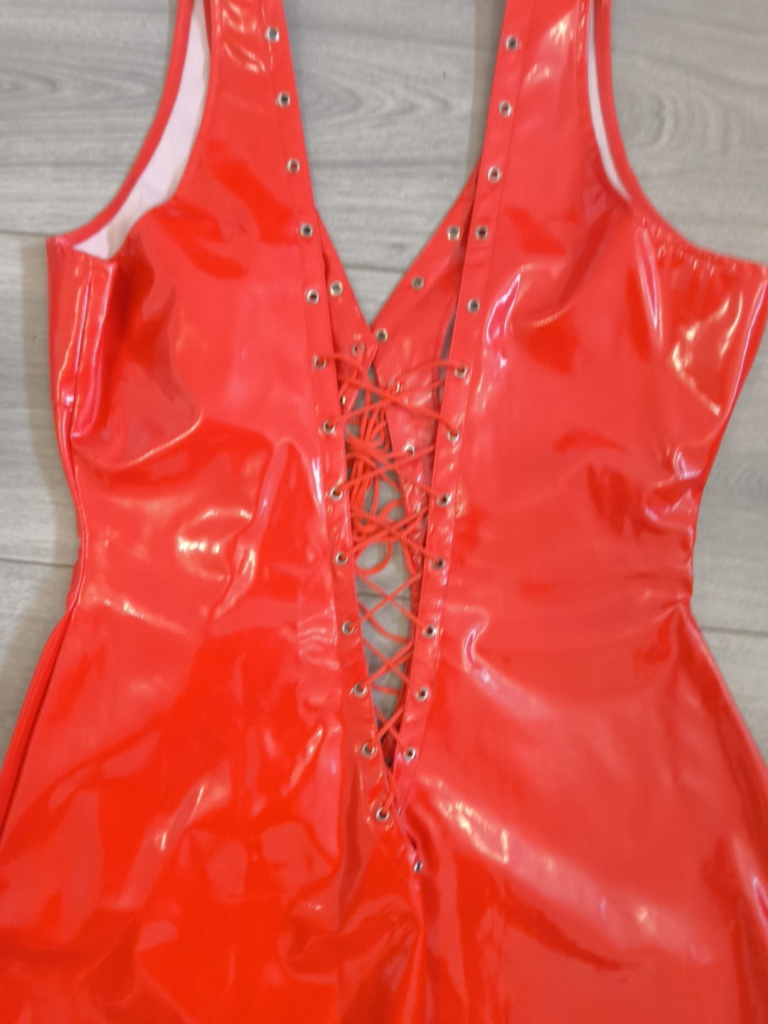 BNWOT Bright Red PVC Plunge Neck Lace Up Front & Back Bodycon Dress Size 10-14