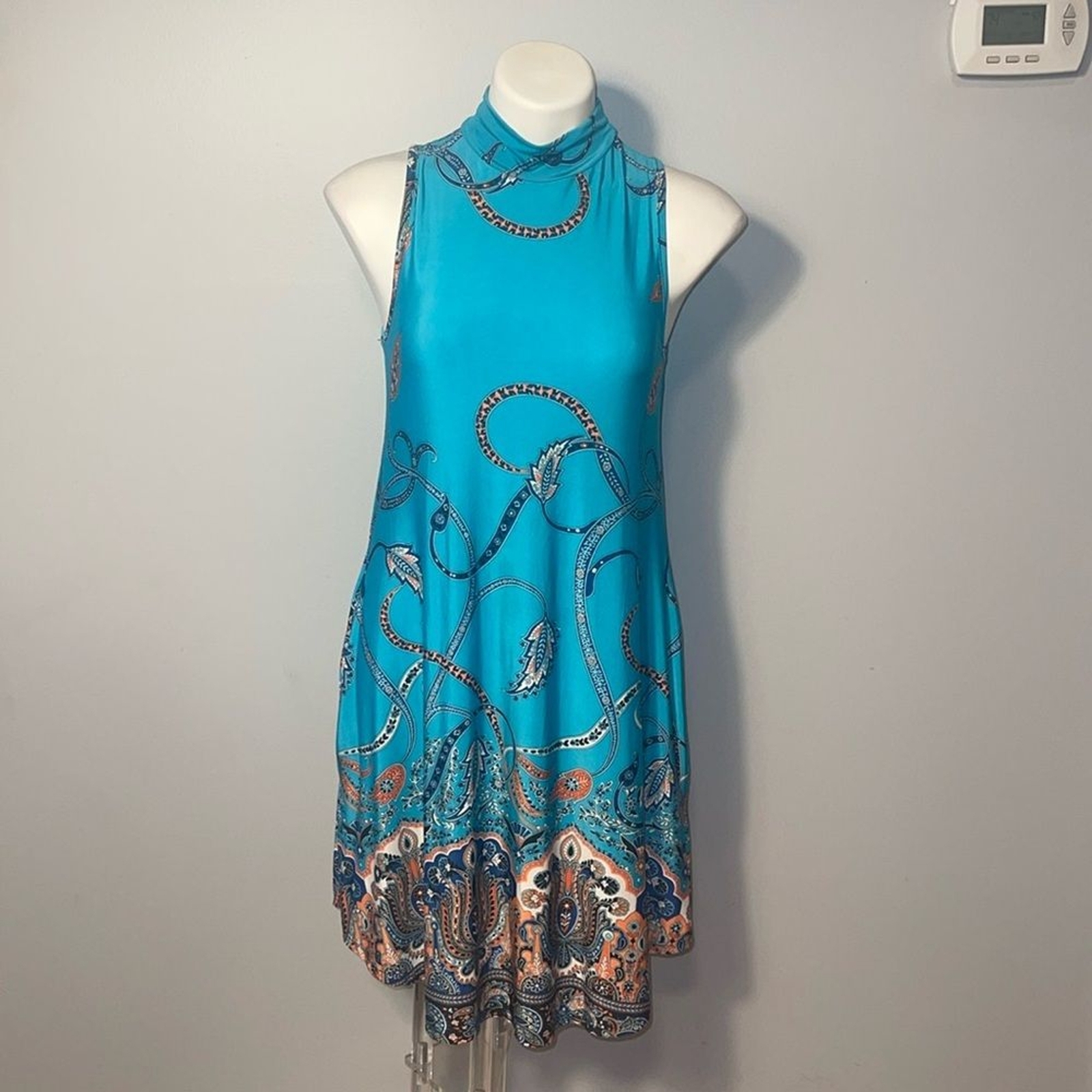 Ladies mock turtleneck turquoise paisley print A-Line Sleeveless Dress