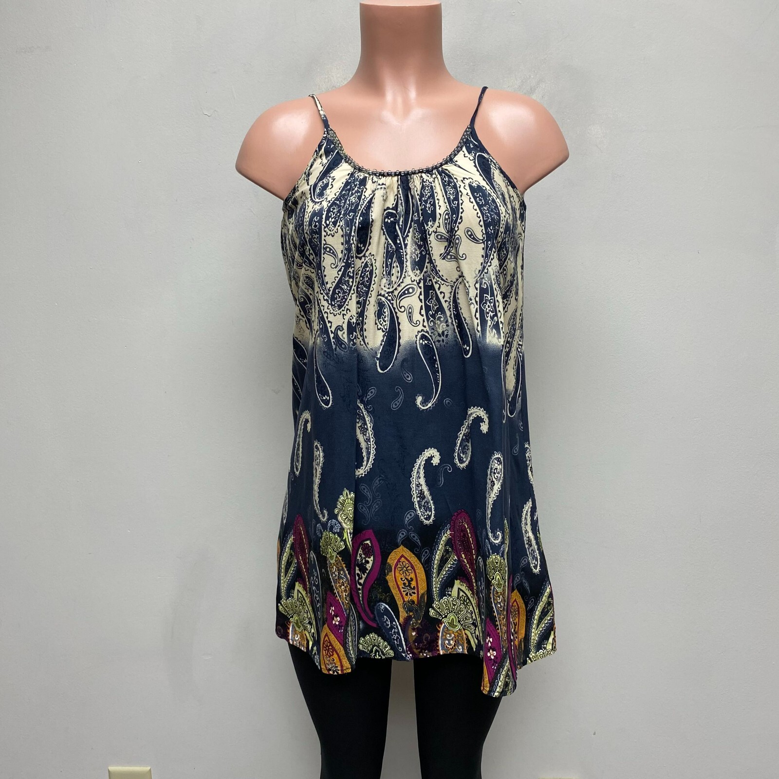 Faithful + True Womens Navy Cream Paisley Beaded Scoop Neck Cami Mini Dress S