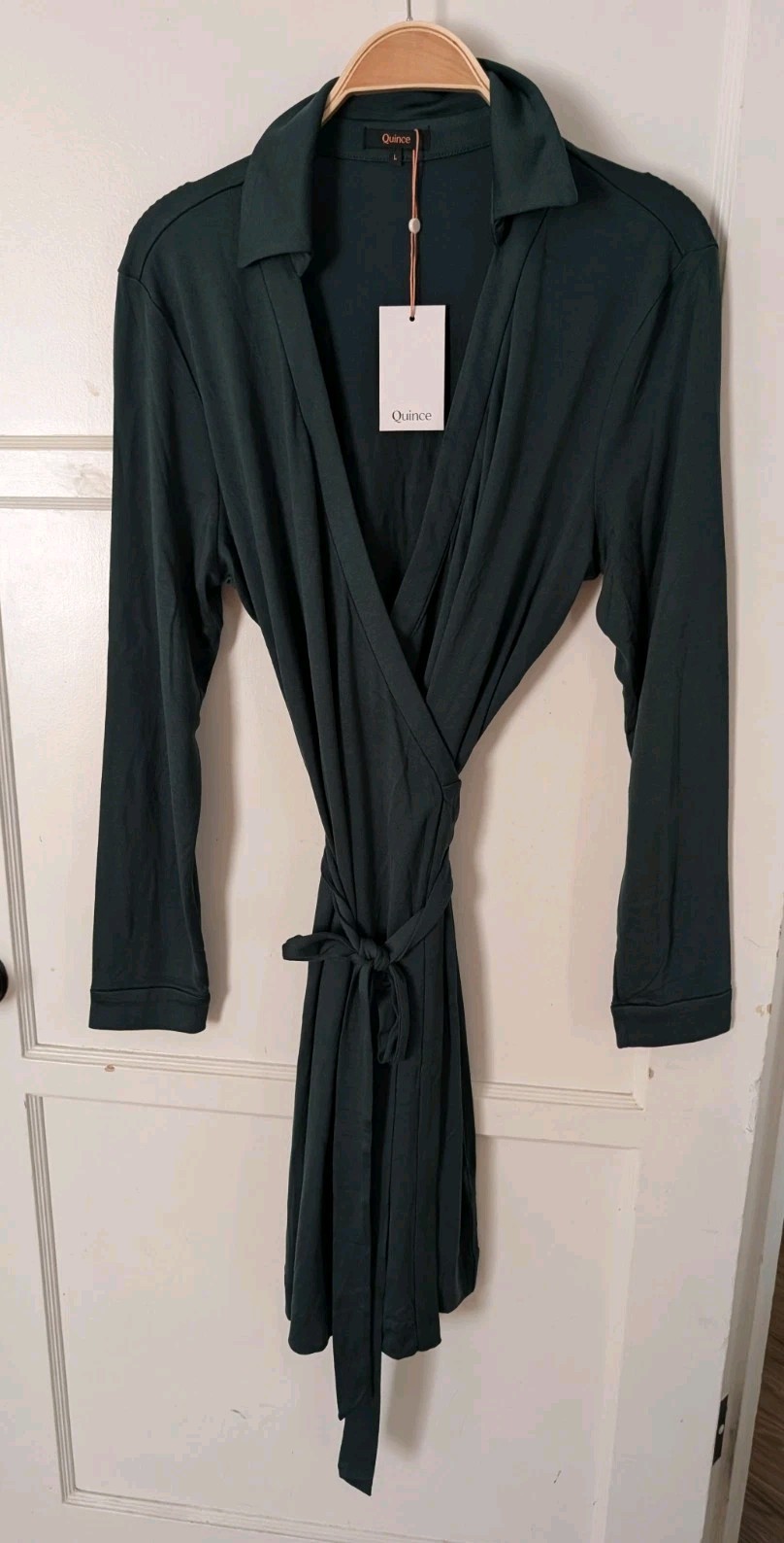 Quince 100% Silk Jersey Mini Wrap DressGreen Large Evergreen Nwt