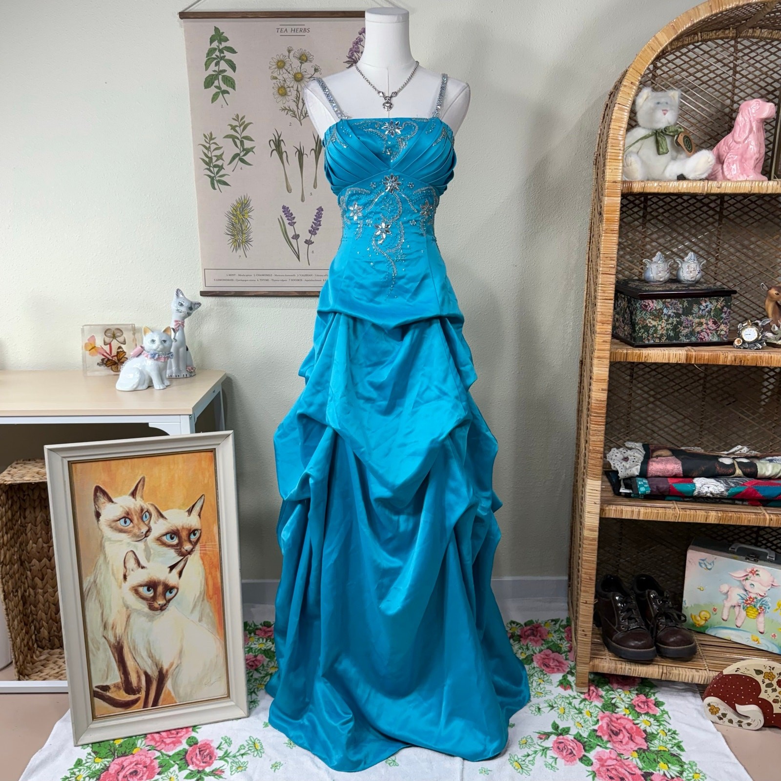90s Y2k Satin Beaded Sequin Floral Ruched Formal Prom Dress Fairy Whimsy Glam XS
