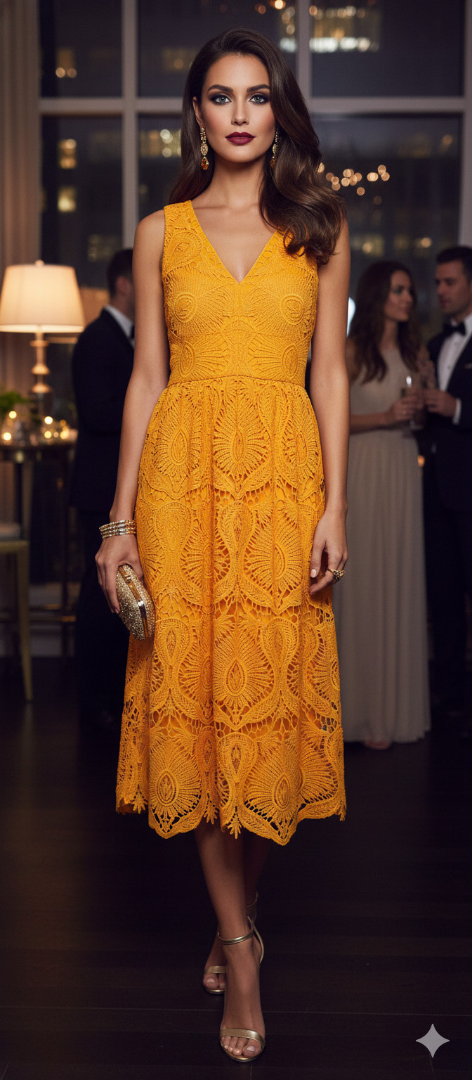Gianni Bini Sleeveless V-Neck Debi Yellow Gold Lace Midi Dress NWT Tag $189