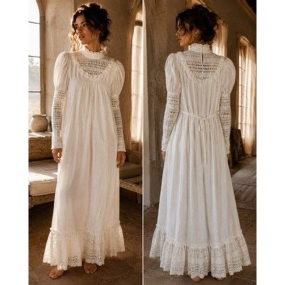 Vintage Joseph Magnin White Eyelet Lace Victorian Prairie Maxi Dress ILGWU 70s