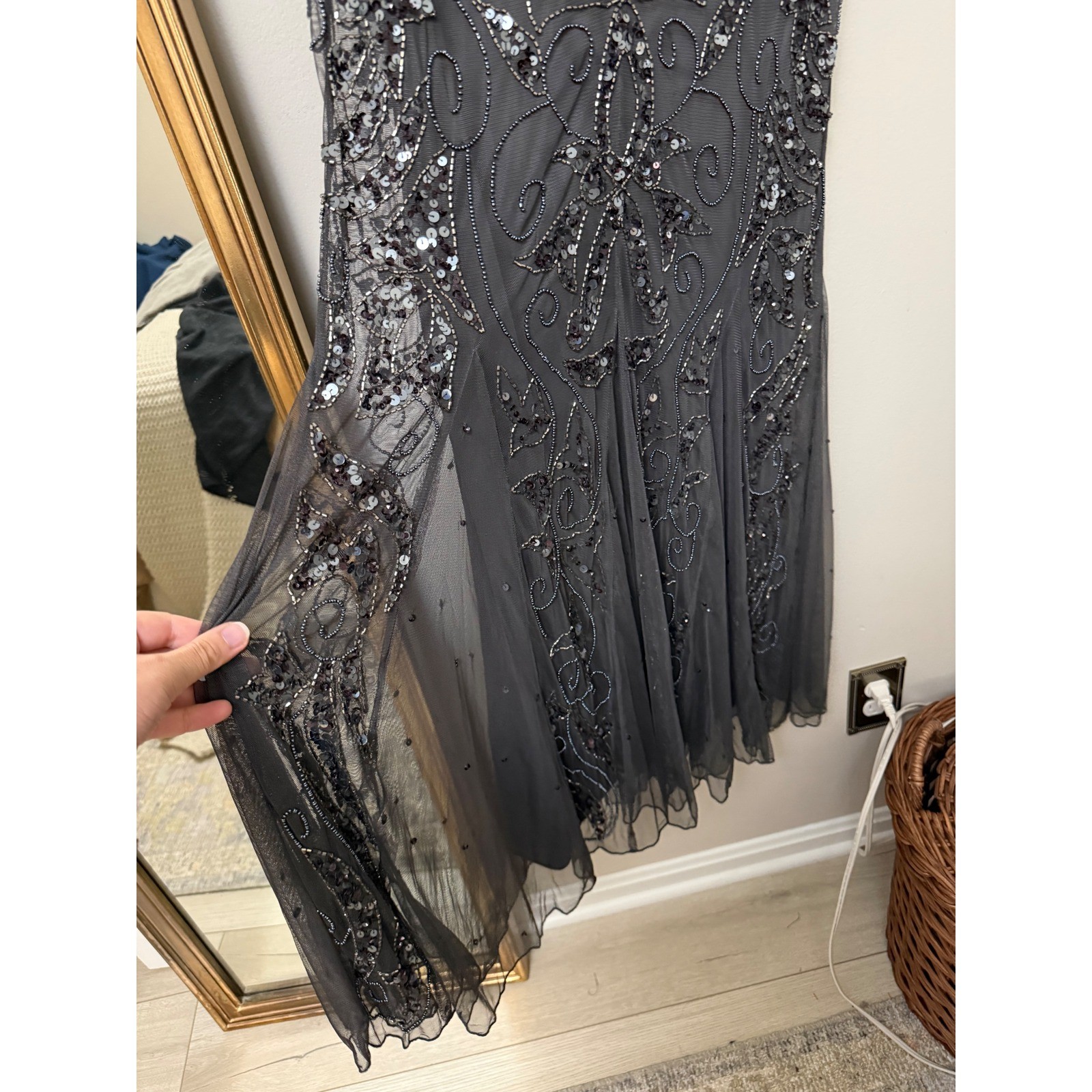 Pisarro Nights Gray Beaded Sequin Gown 3/4 Sleeve Formal Maxi Dress