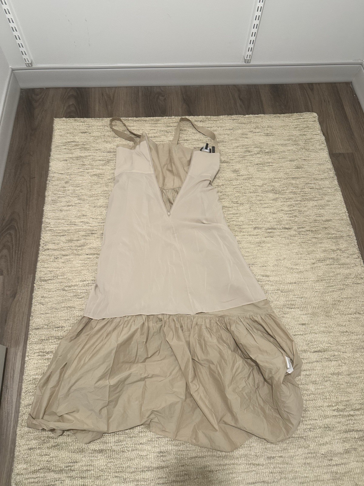 Theory Women’s 4 Beige Solid Poplin Midi Dress Sleeveless Straps V-Neck
