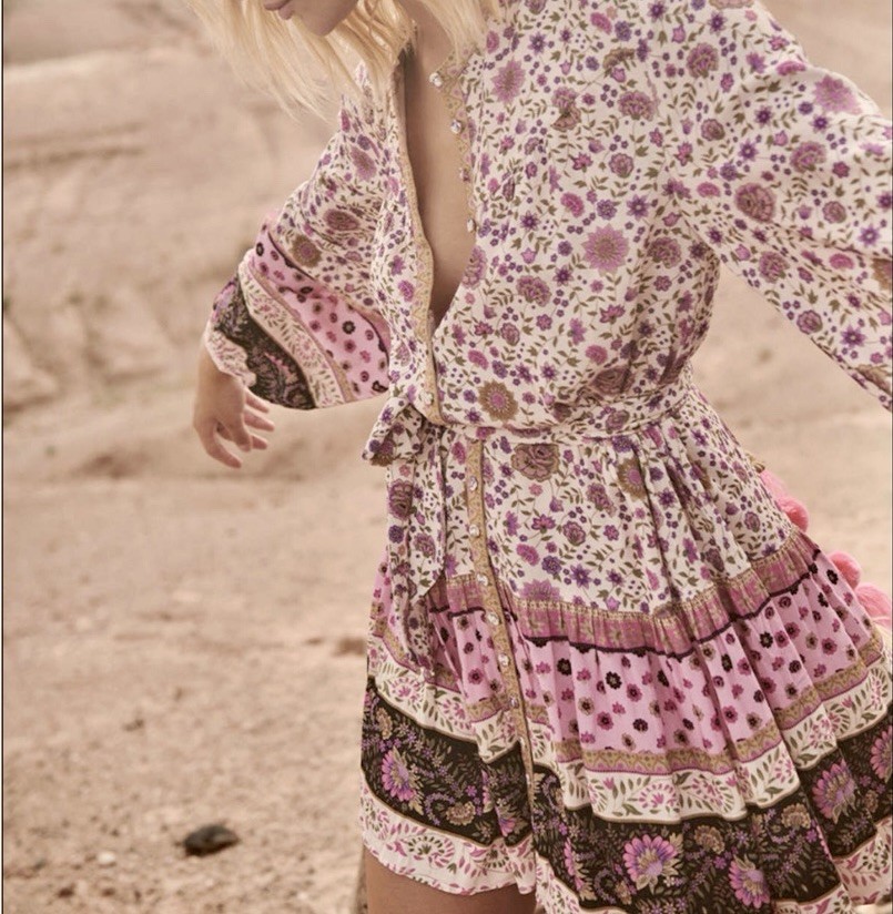 SPELL Small Lady Untamed Pink Floral Belted Long Sleeve Boho Mini Tunic Dress