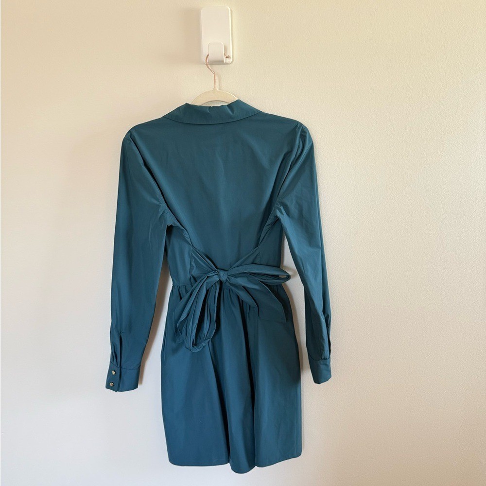 Amanda Uprichard • Conaire Dress Teal Tie Waist Shirt Dress Long Sleeve Medium