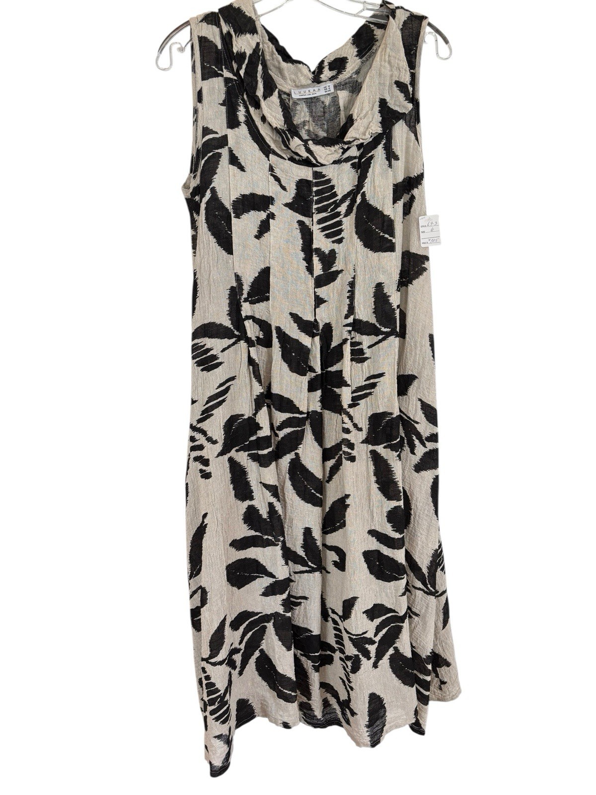 Luukaa Linen Blend Sleeveless Dress Lagenlook Cowl Neck Beige Black Abstract