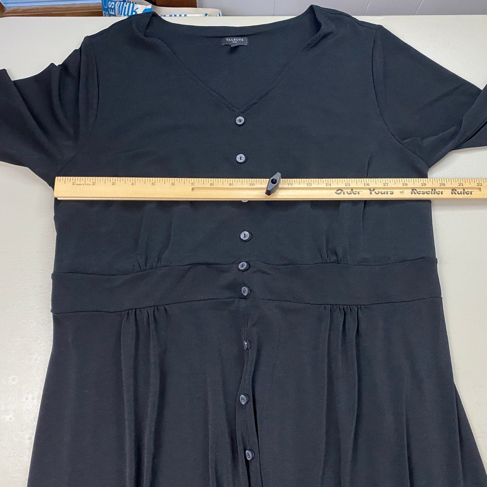 Talbots Midi Dress Womens 1X Solid Black Faux Button Front Stretch Knit Minimal