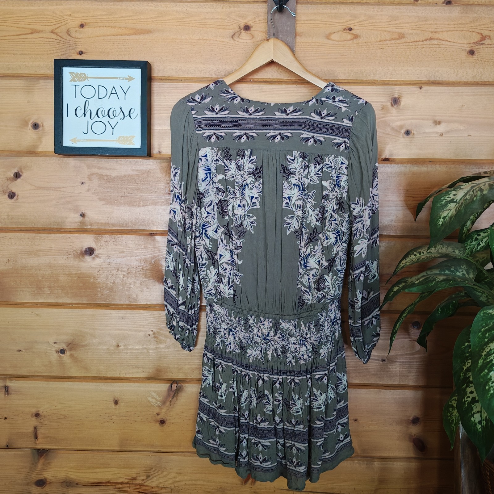 Free People Moonlight Drive Olive Mini Dress Floral Damask Boho Shirred Size XS