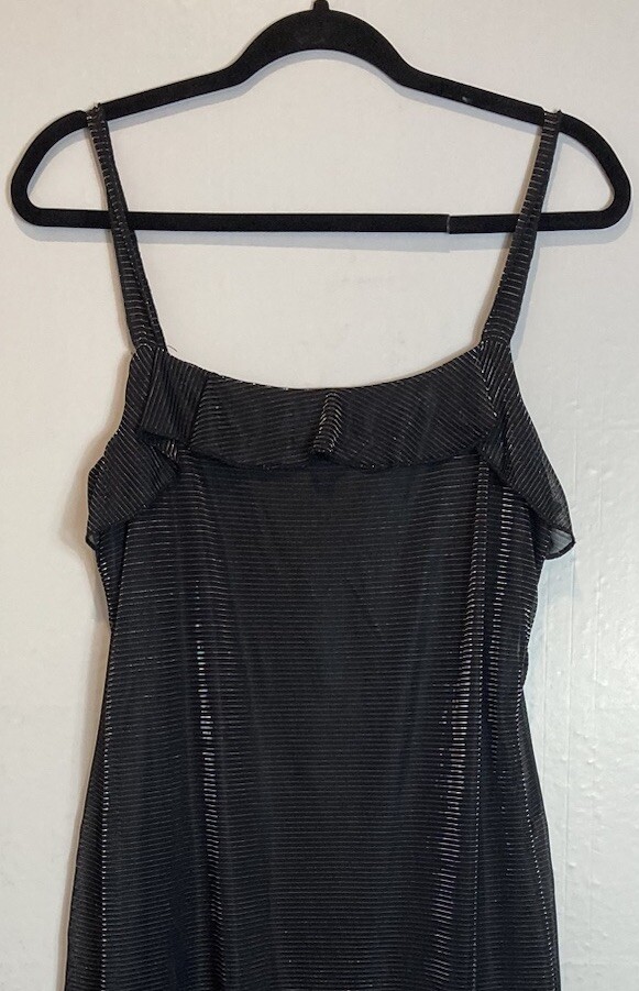 Vintage Fashion Bug Black Metallic Striped Slip Dress Size 12 Ruffle Hem 90s
