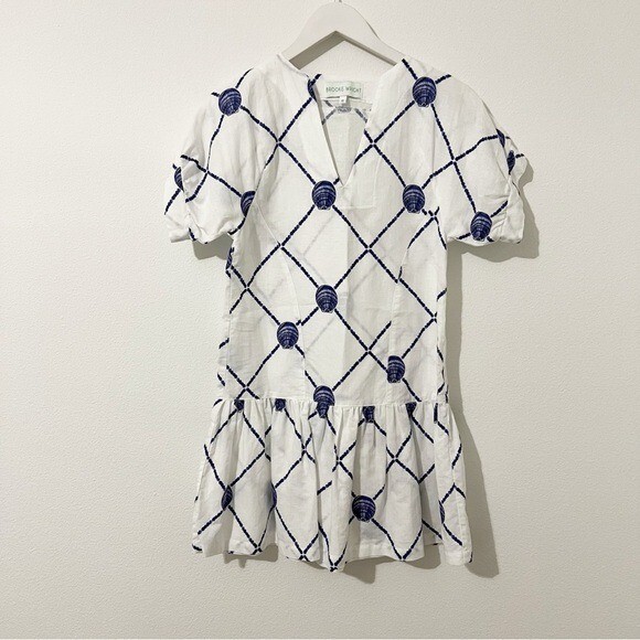 Brooke Wright Lucy Dress Shell Print Blue White Shift Dress Size XS