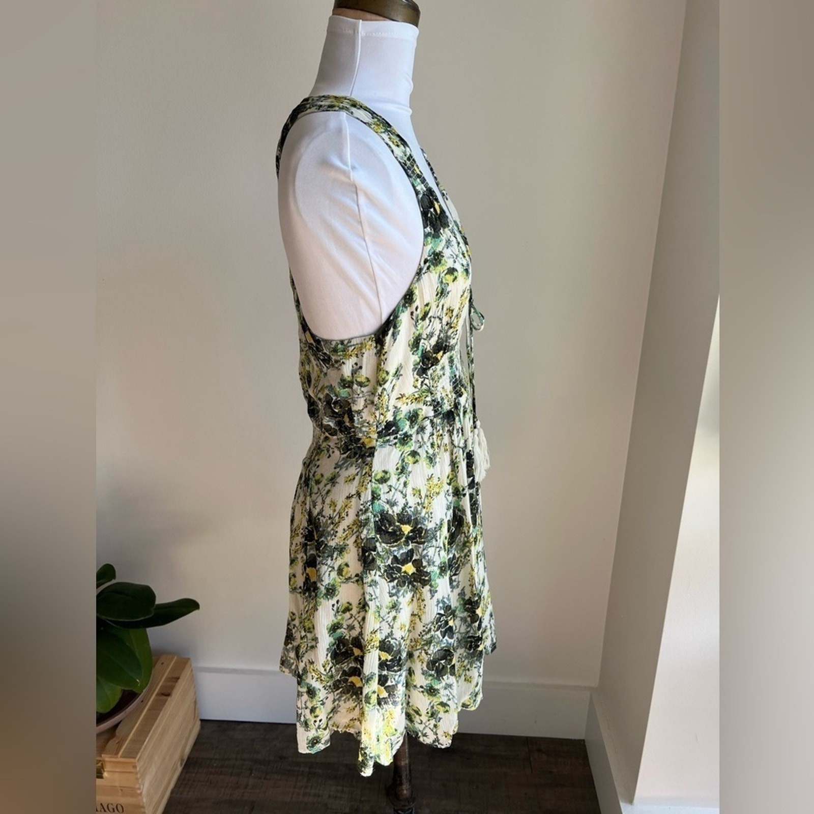 Free People Washed Ashore Floral Print Mini Dress Boho Ivory Green Women Size M