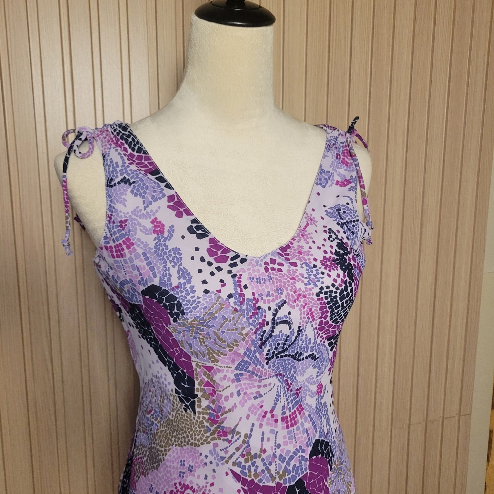 Jonathan Martin Purple Mosaic Print Tie Shoulder V-Neck Midi Dress Size S