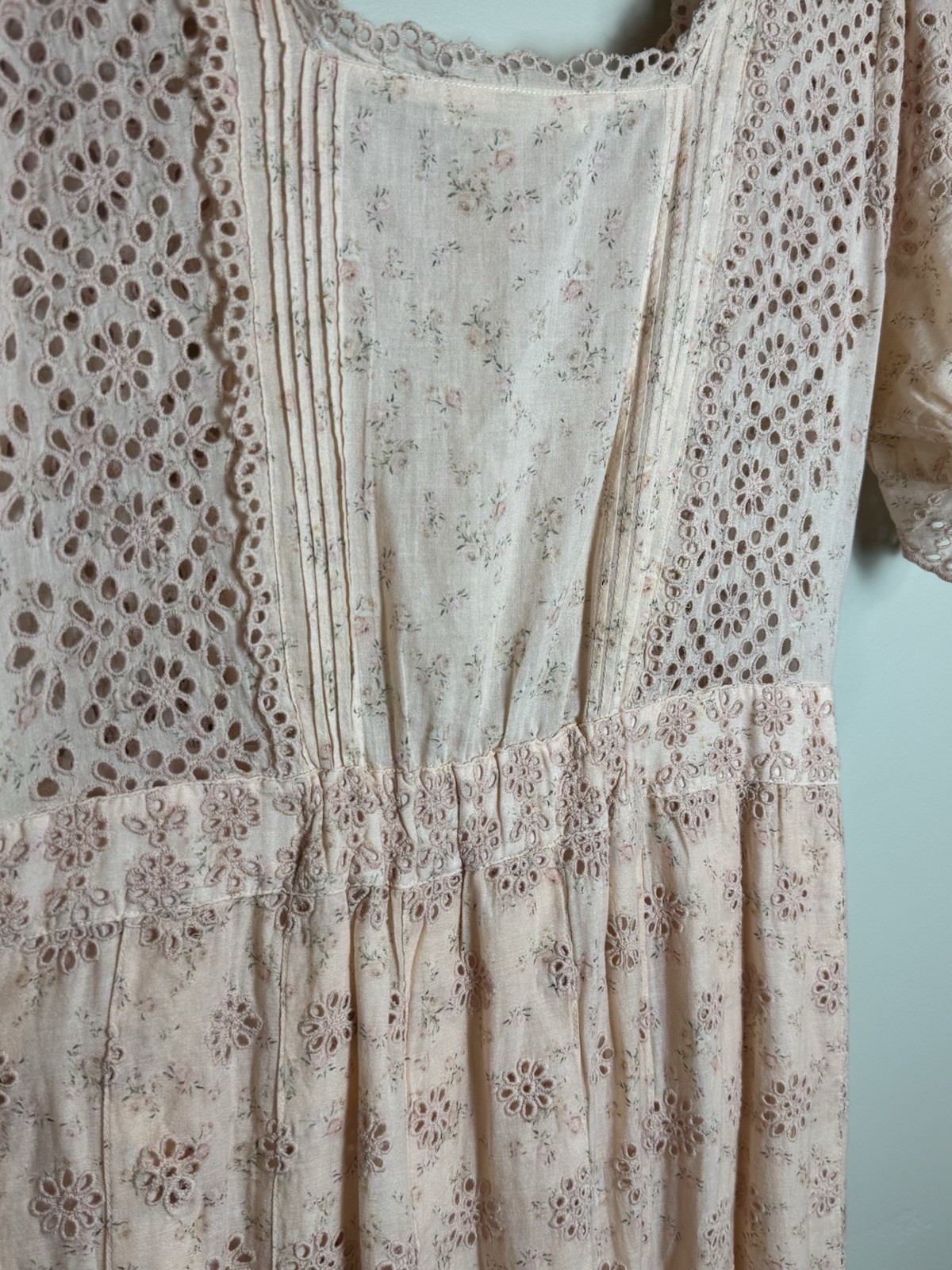 LoveShackFancy Helena Pink Eyelet Floral Square Neck Puff Sleeve Maxi Dress SZ 8