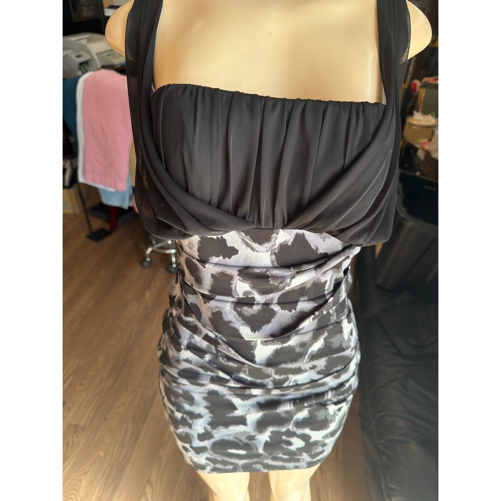 Black Ruched Bodycon Mini Dress Grey Animal Print Sleeveless Cocktail Dress