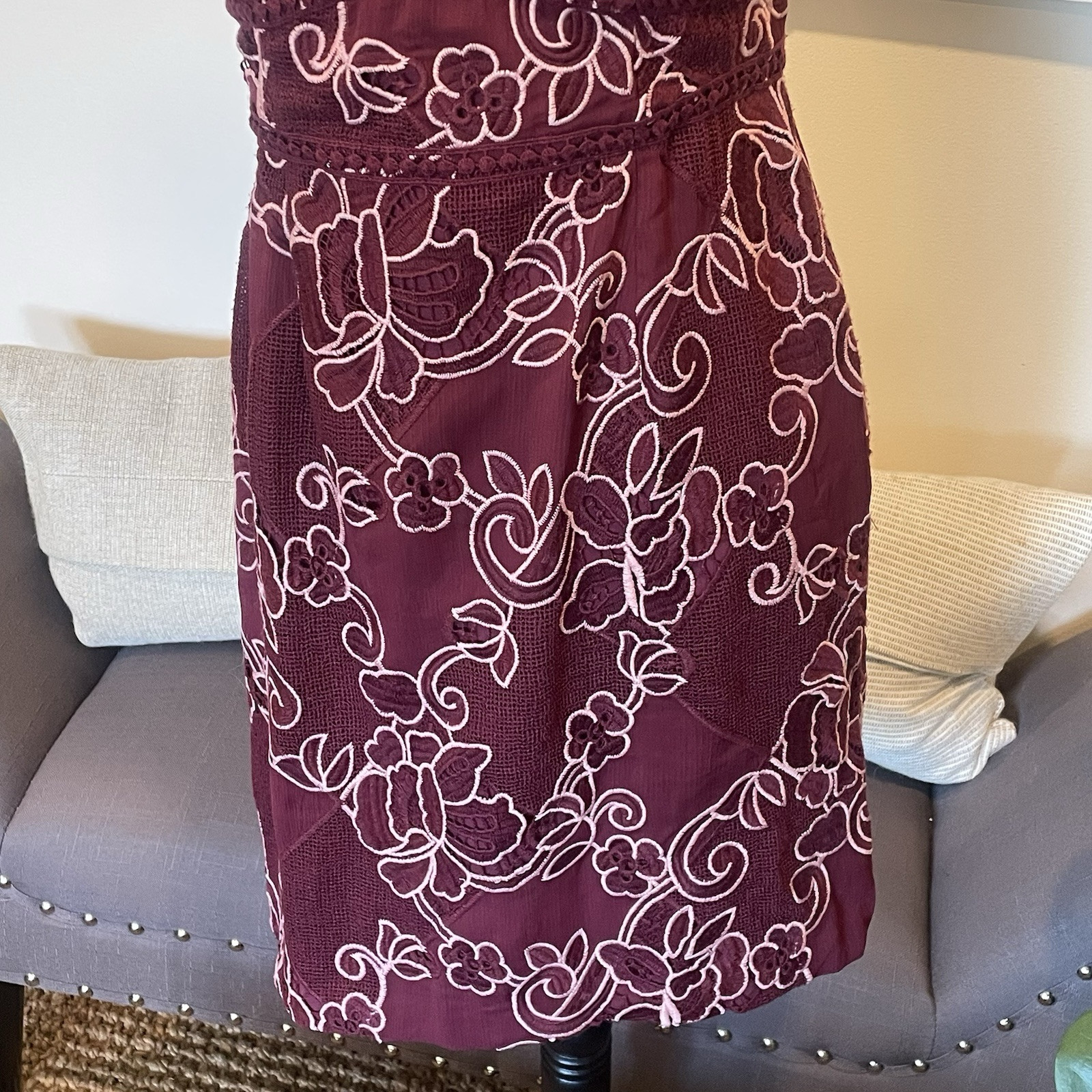 Moulinette Soeurs Ariana Lace Embroidered Sheath Dress Burgundy Pink Sz 6P NWT