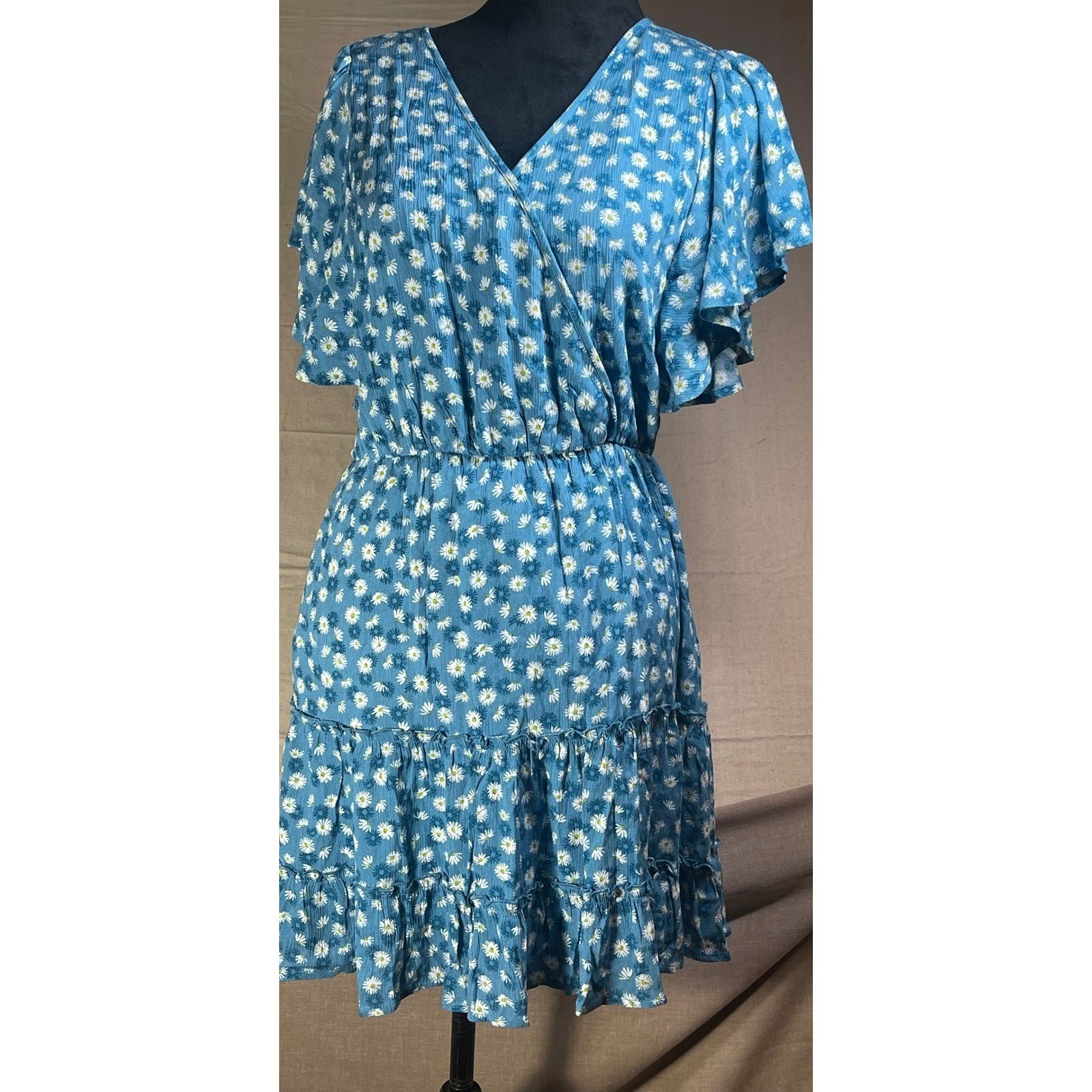 Altar State Blue Daisy Print Flutter Sleeve Tiered Ruffle Dress M boho peasant