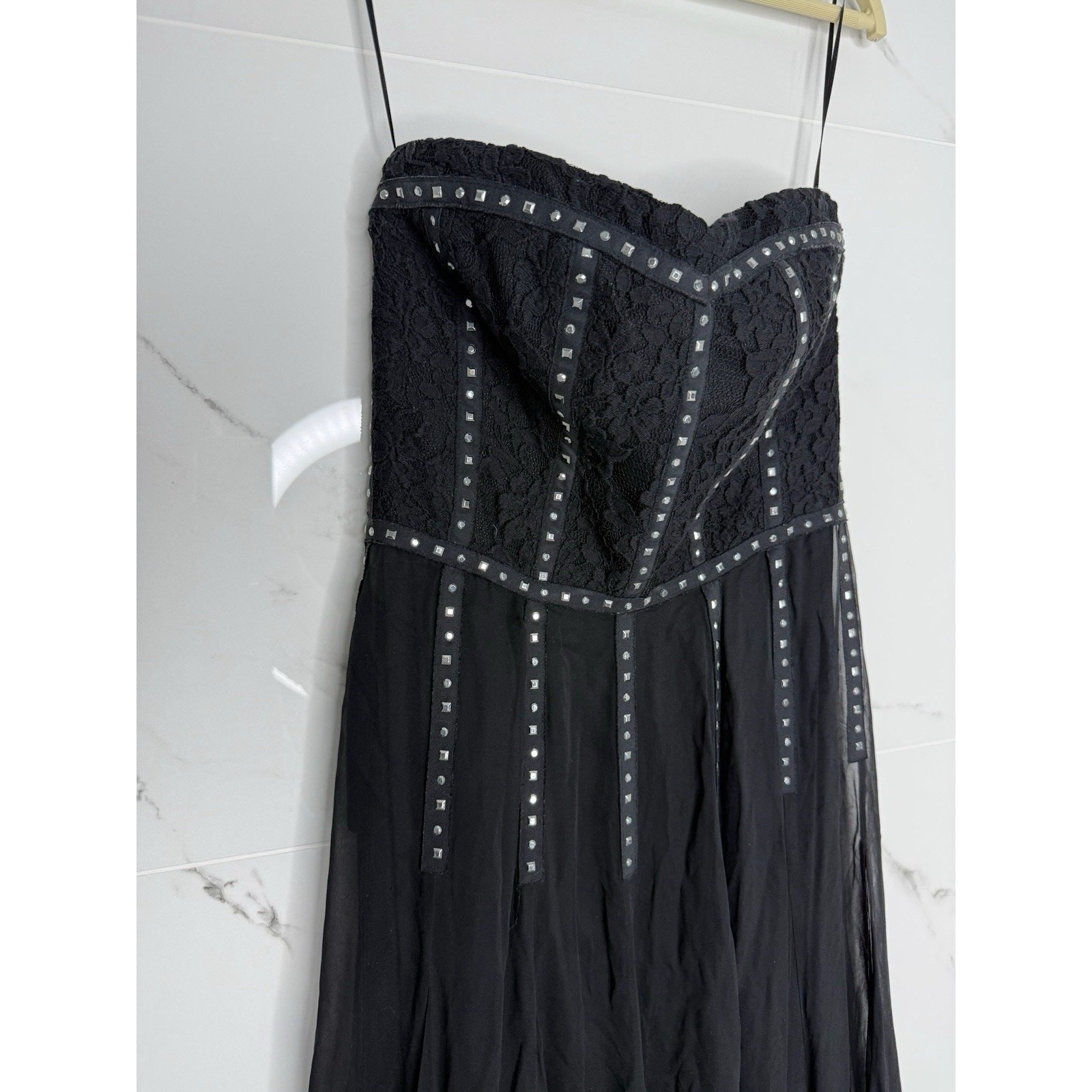Rebeca Taylor Black chiffon Strapless Dress Studded Rhinestone Lace Bodice Sz 6