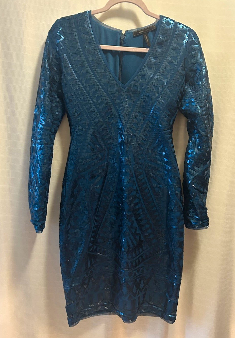 BCBGMAXAZRIA Blue Sequin Mesh V-Neck Bodycon Knee Dress Long Sleeve SZ S