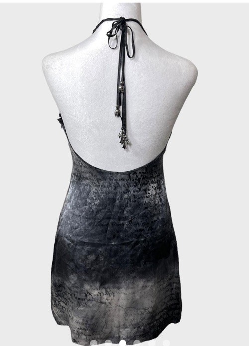 Affliction Black Premium Silk Halter Mini Dress with Monochrome Face Graphic 4