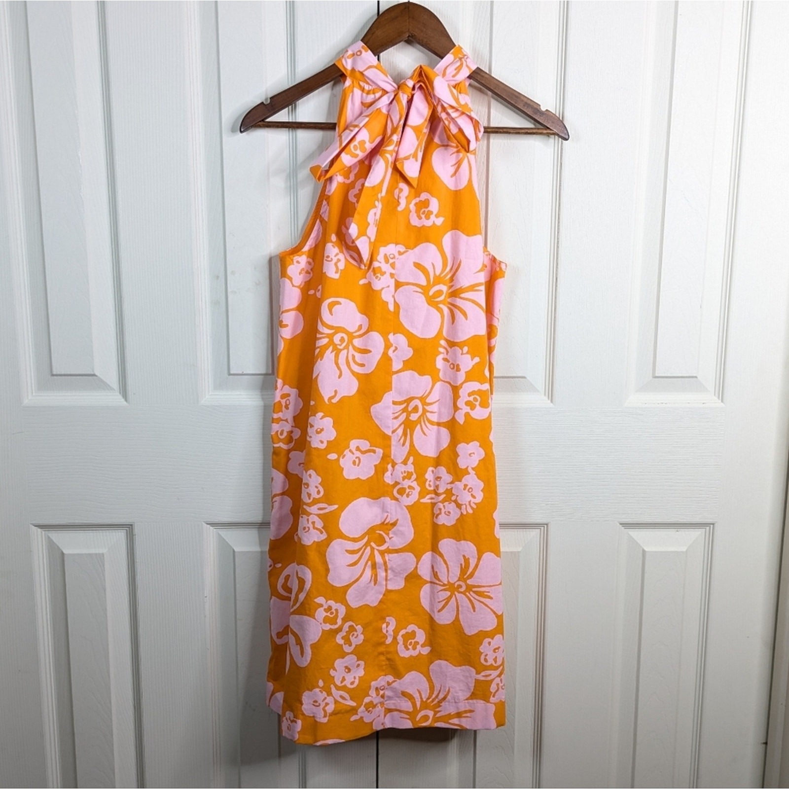NEW J. Crew Hawaiian Halter Tie Neck Hibiscus Dress 6 Orange Resort Coastal