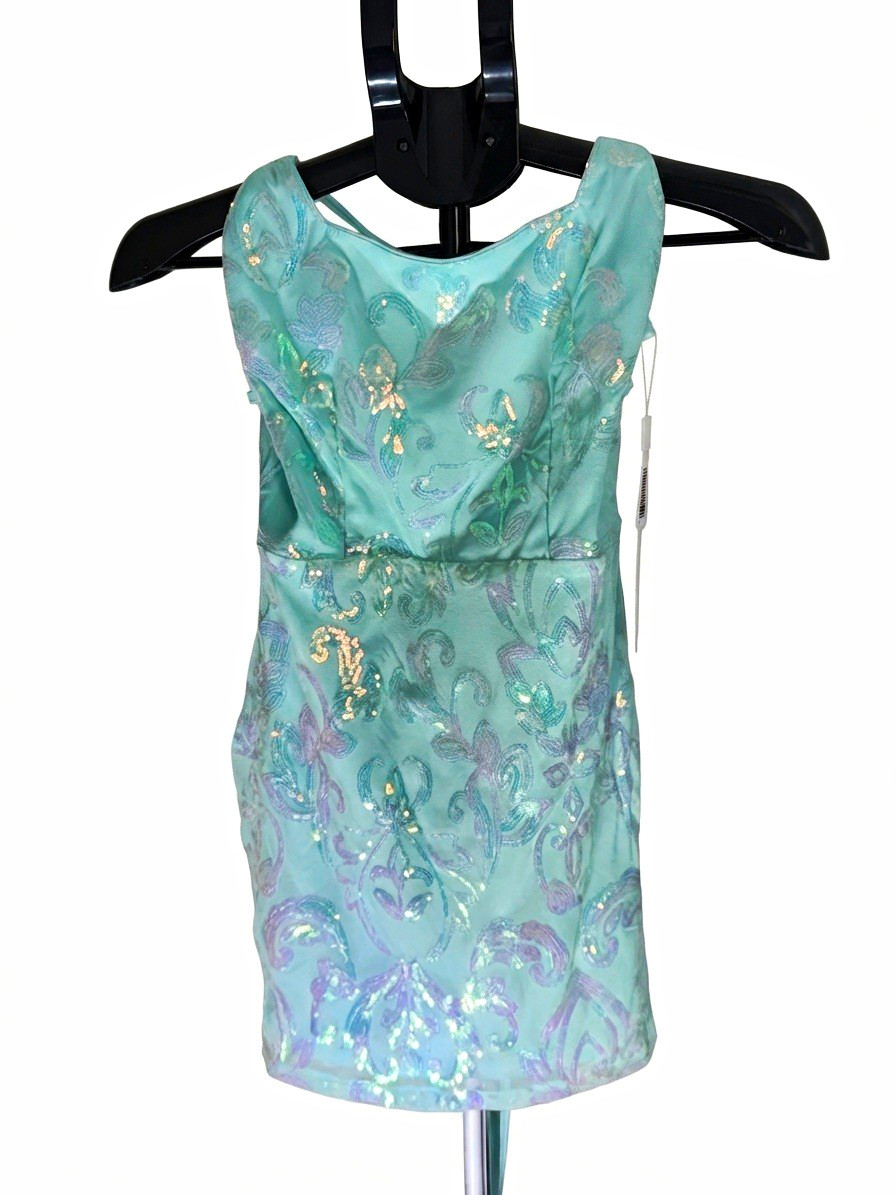 New ODIZLI Women’s Sequin Bodycon Dress Mini XS Mint Green Spaghetti Strap Party
