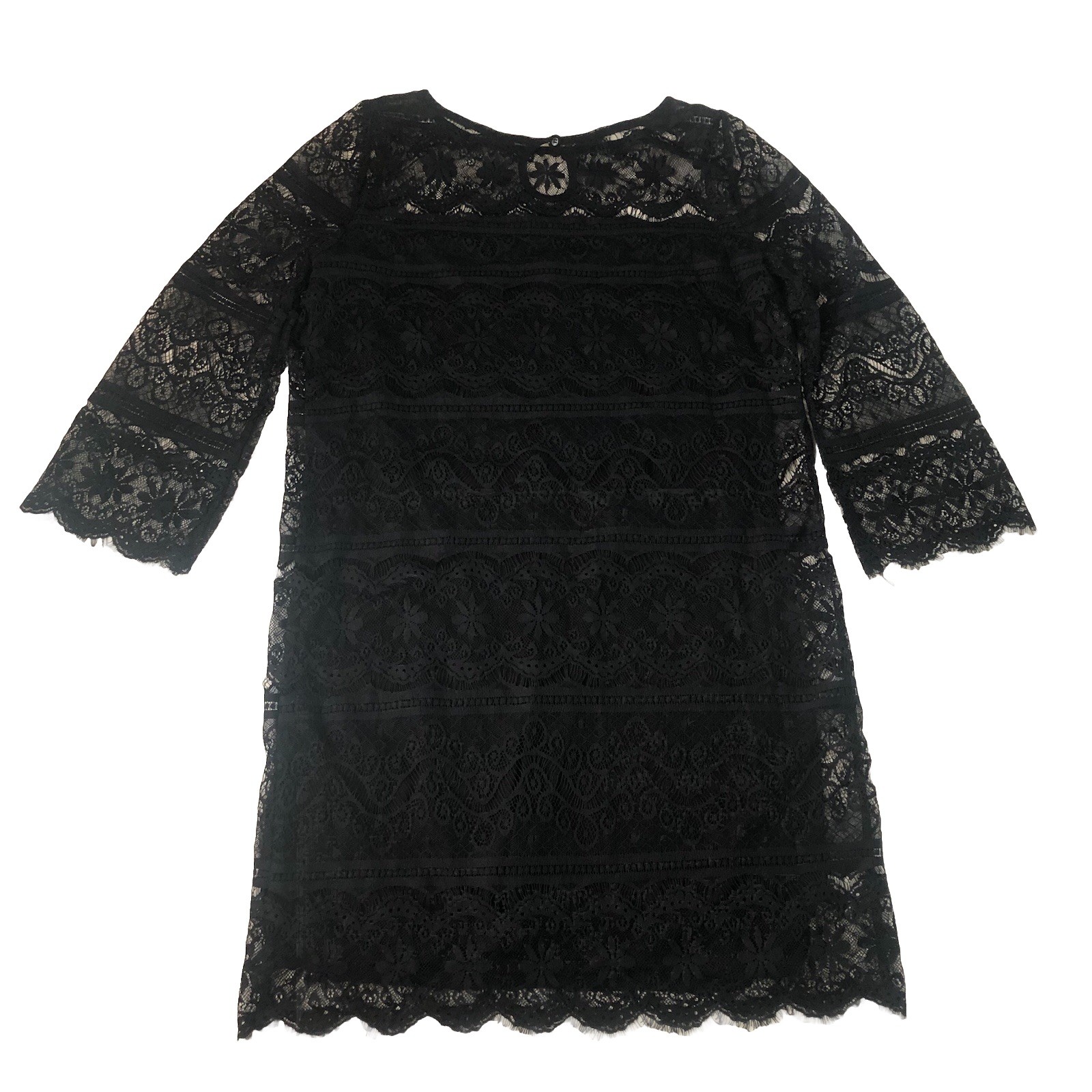 Max Studio Black Lace Dress Medium M 3/4 Sleeve Scalloped Eyelash Hem Shift⁠