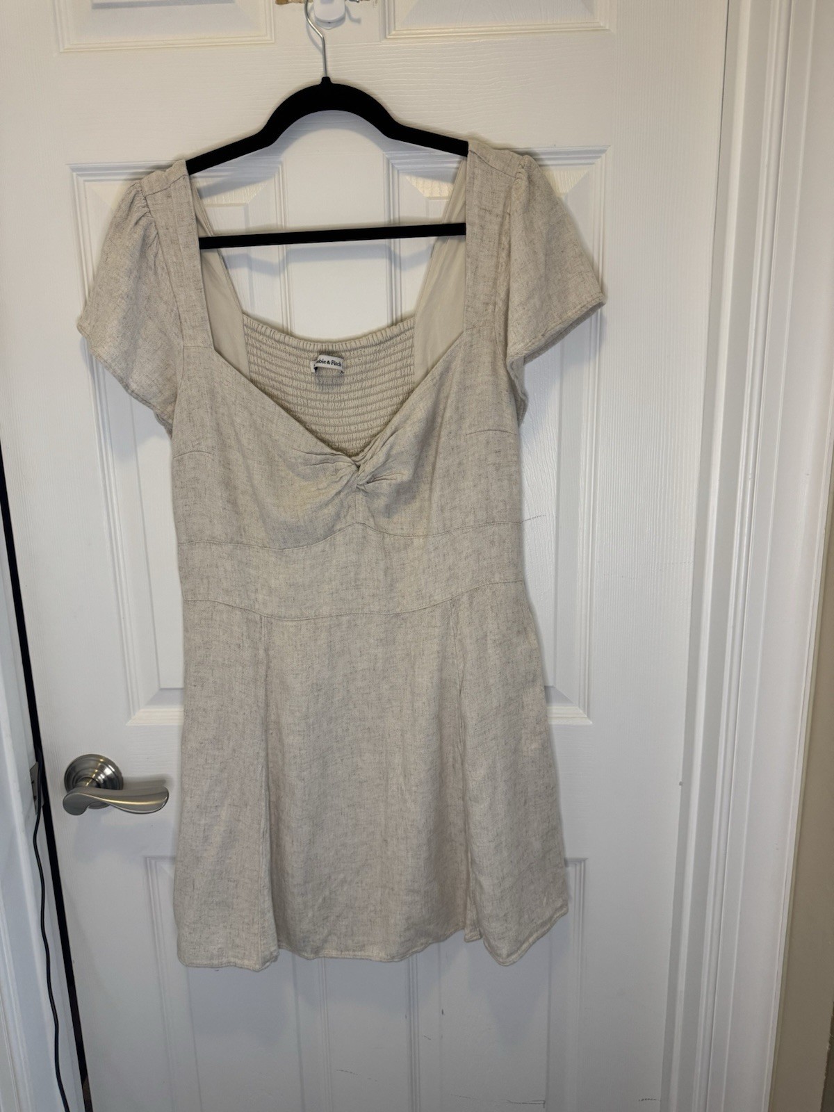 Abercrombie & Fitch Beige Solid Short A-Line Dress L Square Neck Puff Smocked